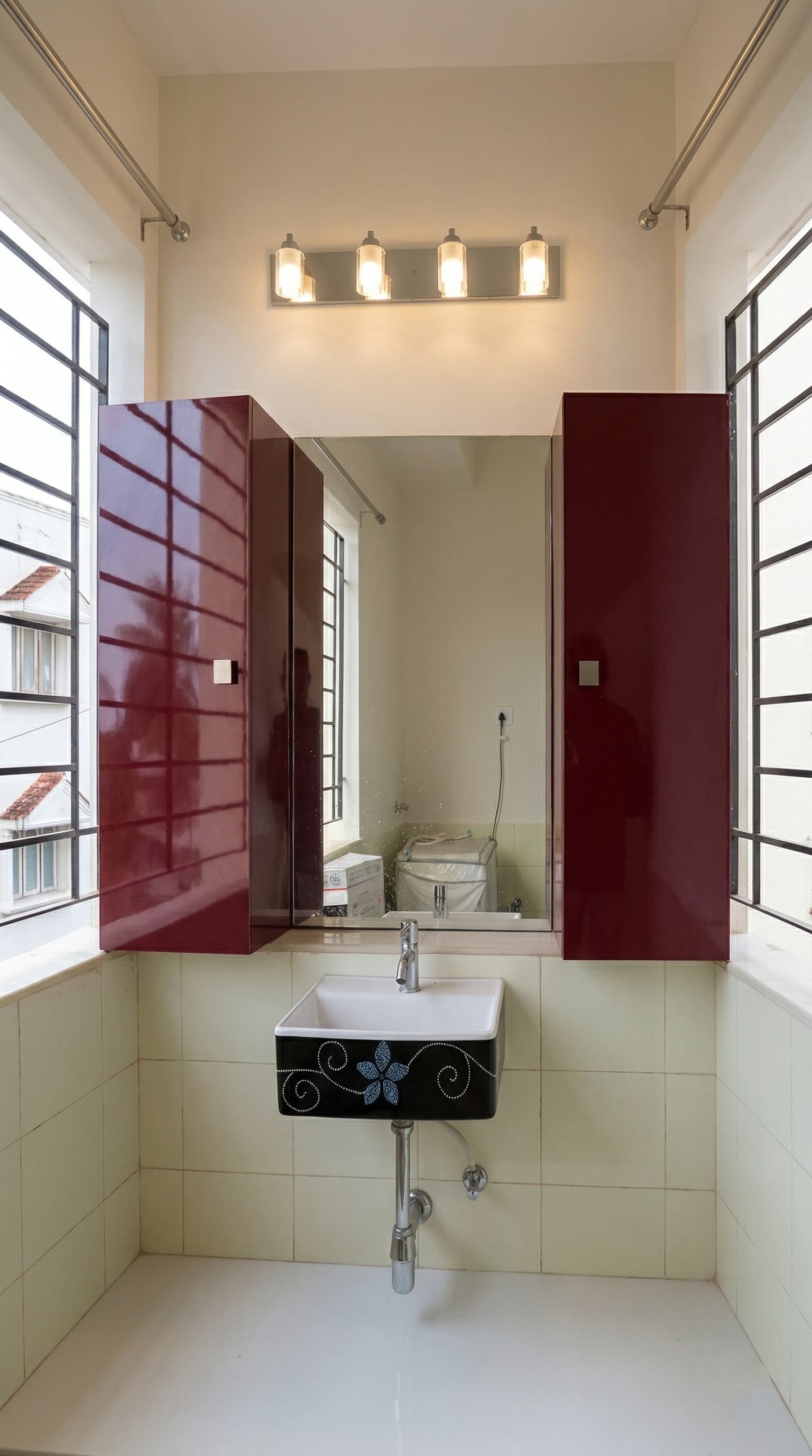 Bathroom Interior with Maroon Mirror Cabinet