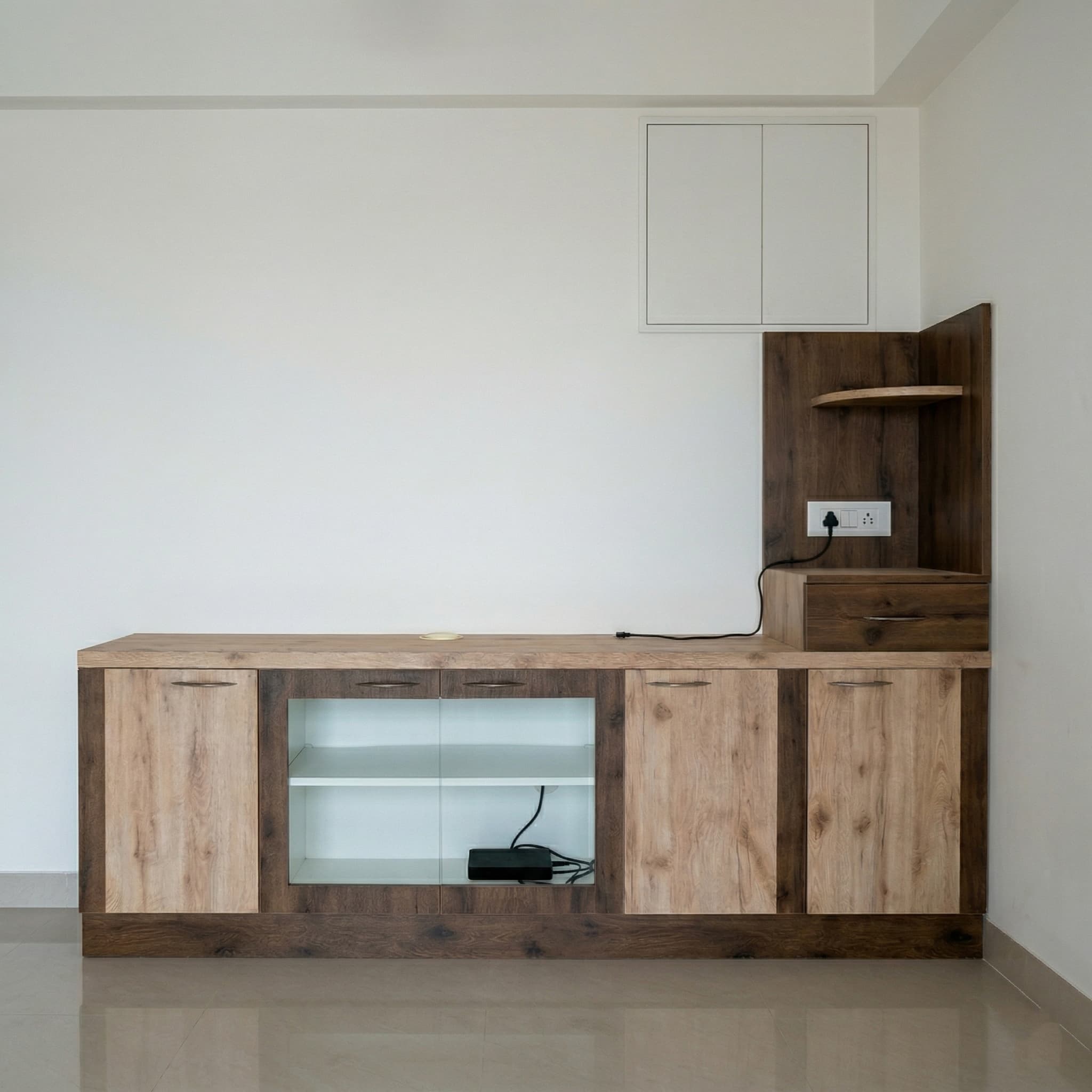 Custom Wood Grain TV Unit with Glass Display
